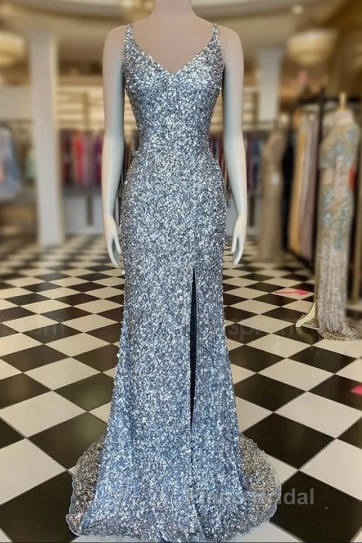 Mermaid Silver Sequin Formal Prom Dresses V-Neck Long Formal Gown Slit Main image