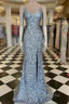 Mermaid Silver Sequin Formal Prom Dresses V-Neck Long Formal Gown Slit