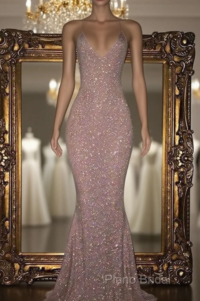 Mermaid Sleeveless Long Rose Pink Sequin Formal Prom Dresses Main image