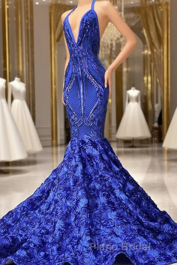 Mermaid Spaghetti strap Appliques Lace Sequined Open Back Floor-length Sleeveless Formal Prom Dress Main image