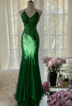 Mermaid Spaghetti Strap Chiffon Applique Long Formal Prom Dresses Temperament Party Dresses