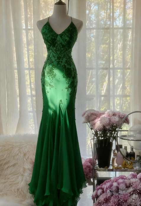 Mermaid Spaghetti Strap Chiffon Applique Long Formal Prom Dresses Temperament Party Dresses