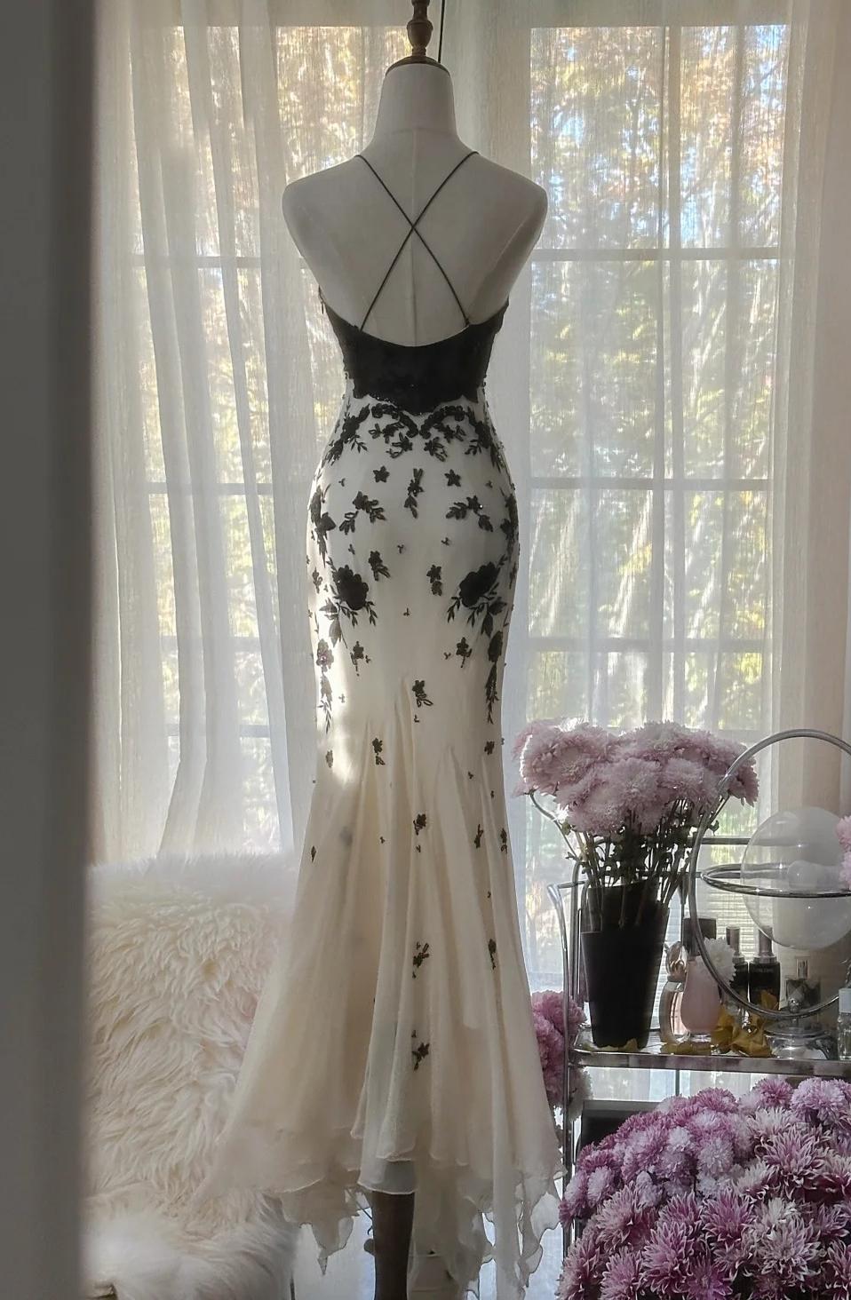 Mermaid Spaghetti Strap Chiffon Applique Long Formal Prom Dresses Temperament Party Dresses