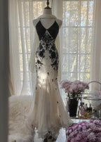 Mermaid Spaghetti Strap Chiffon Applique Long Formal Prom Dresses Temperament Party Dresses