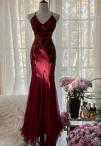 Mermaid Spaghetti Strap Chiffon Applique Long Formal Prom Dresses Temperament Party Dresses