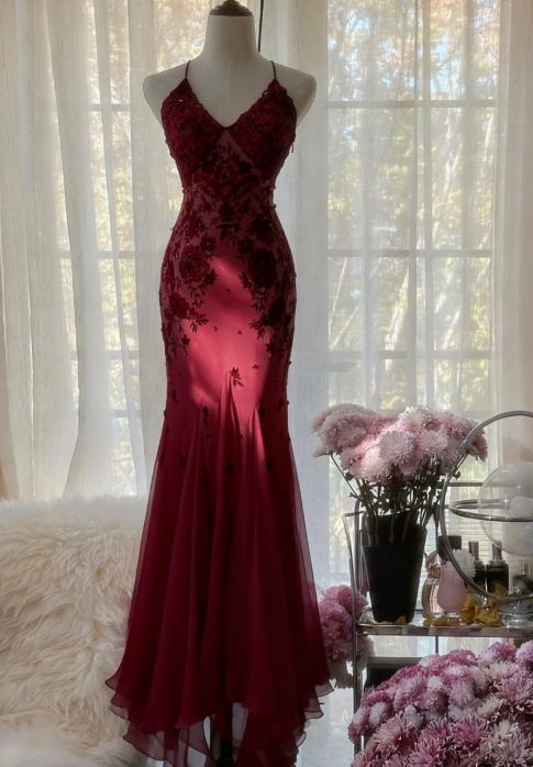Mermaid Spaghetti Strap Chiffon Applique Long Formal Prom Dresses Temperament Party Dresses