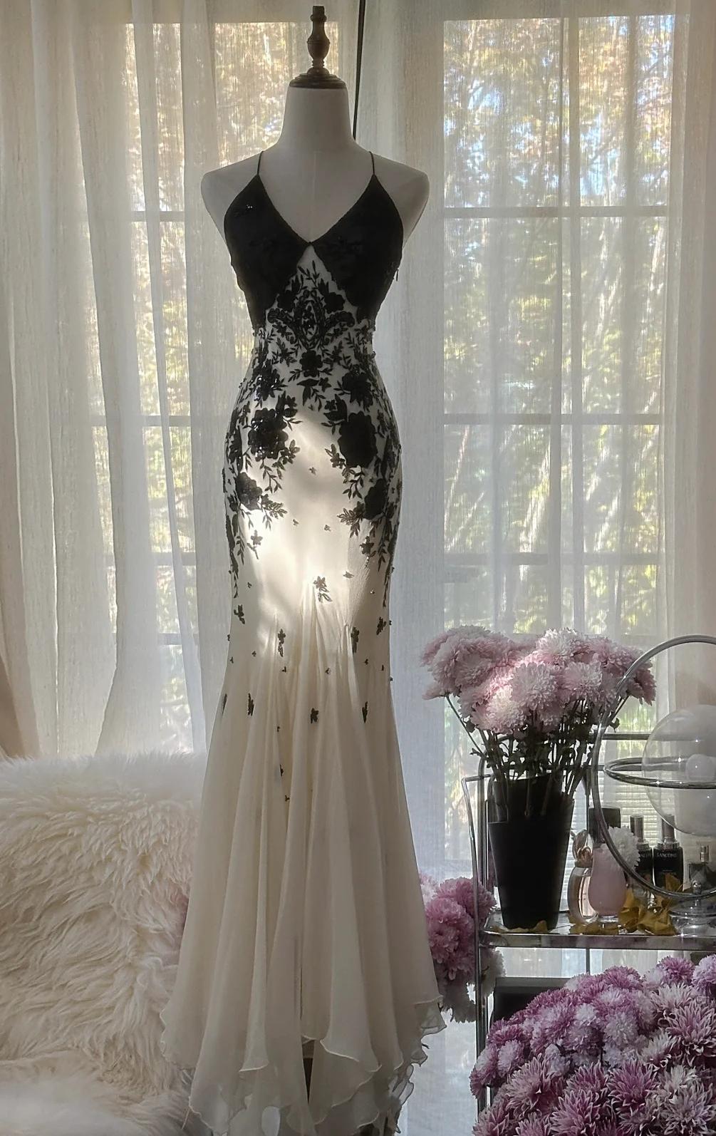 Mermaid Spaghetti Strap Chiffon Applique Long Formal Prom Dresses Temperament Party Dresses Main image