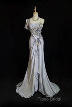 Mermaid Spaghetti Strap Chiffon Beaded Sequin Long Formal Prom Dresses Embroidered Applique Formal Gown