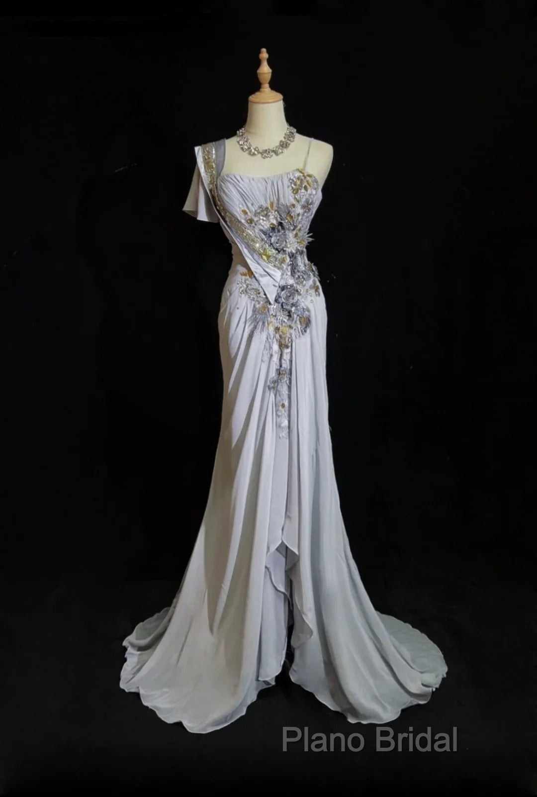 Mermaid Spaghetti Strap Chiffon Beaded Sequin Long Formal Prom Dresses Embroidered Applique Formal Gown