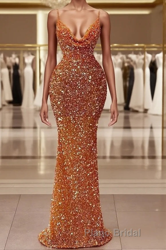 Mermaid Spaghetti strap Sequined Floor-length Sleeveless Elegant Formal Prom Dress