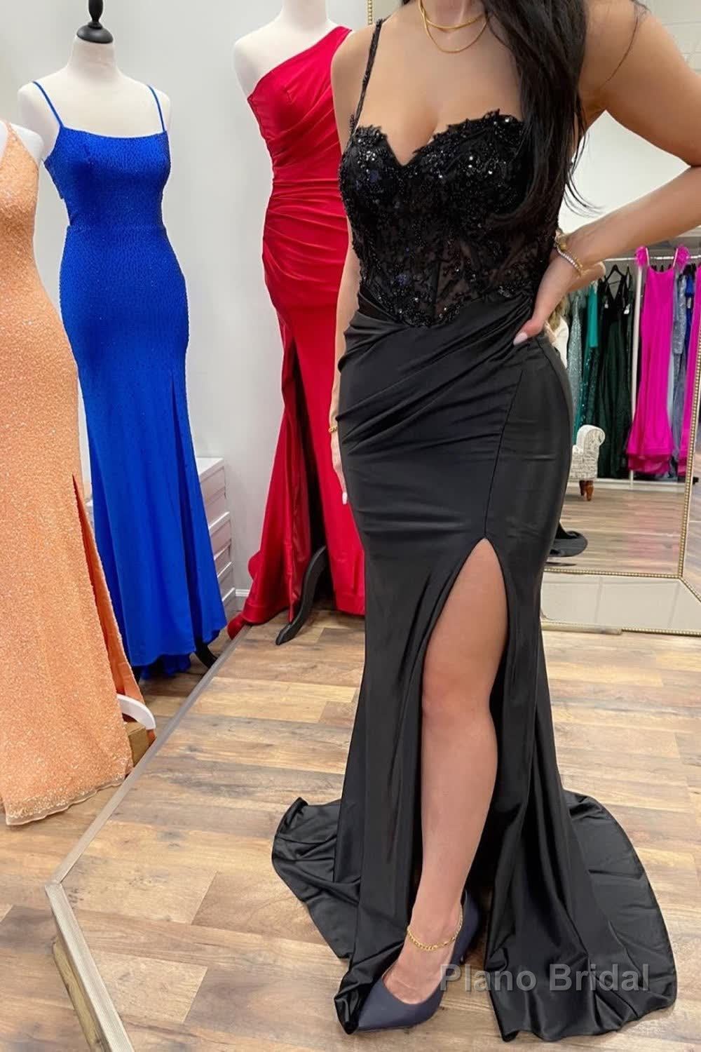 Mermaid Spaghetti Straps Black Long Prom Dress with Split Front Main image
