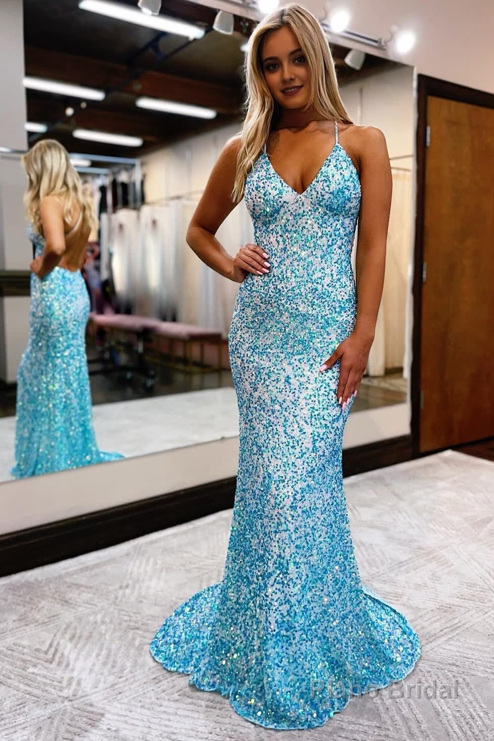 Mermaid Spaghetti Straps Blue Sequins Backless Long Prom Dress Main image