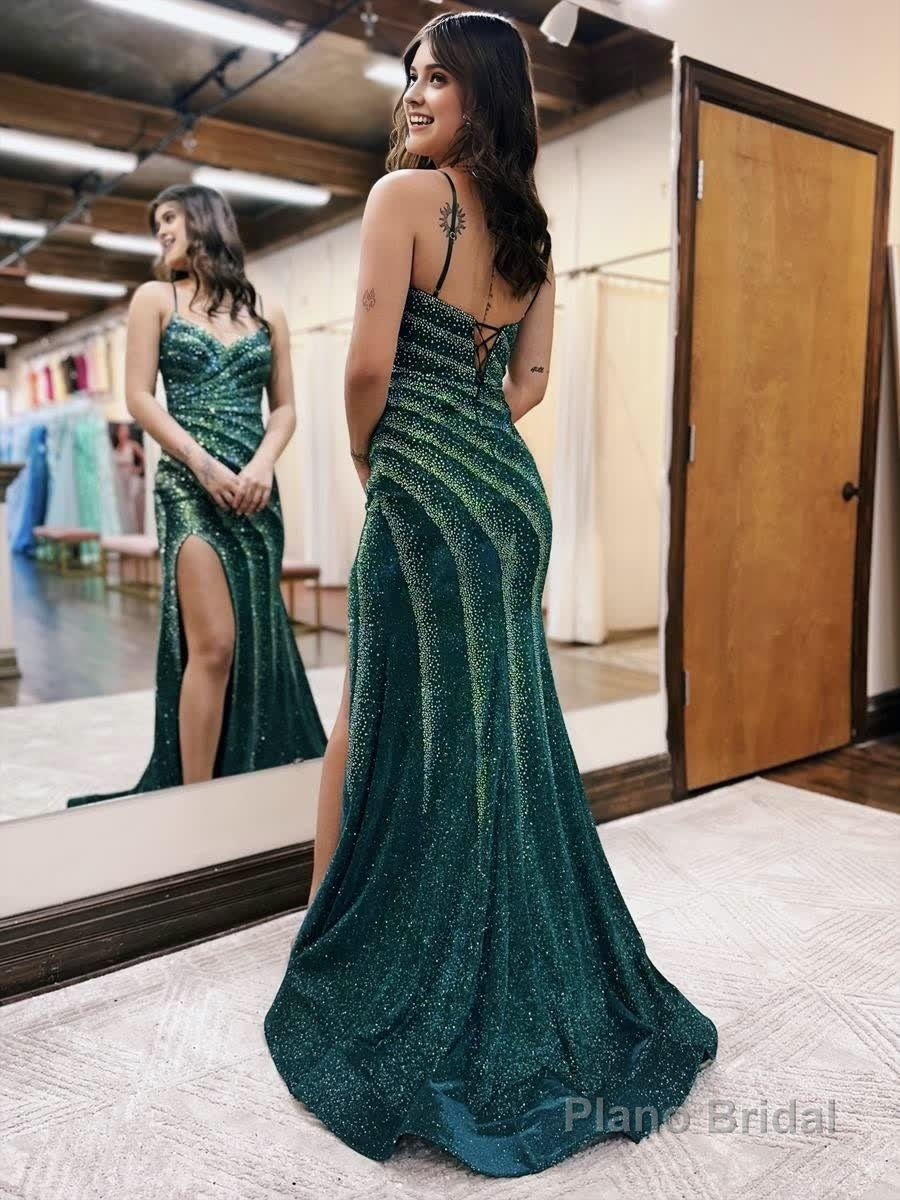 Mermaid Spaghetti Straps Glitter Mermaid Dress with Slit