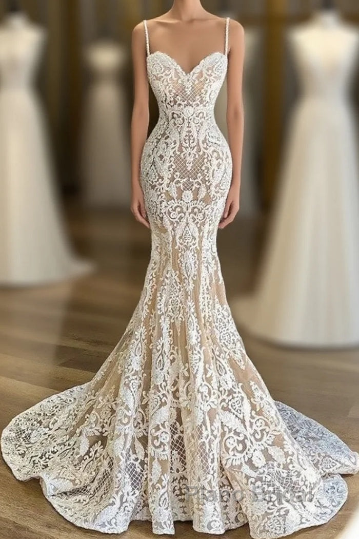 Mermaid Spaghetti-Straps Lace Sleeveless Wedding Dresses Main image