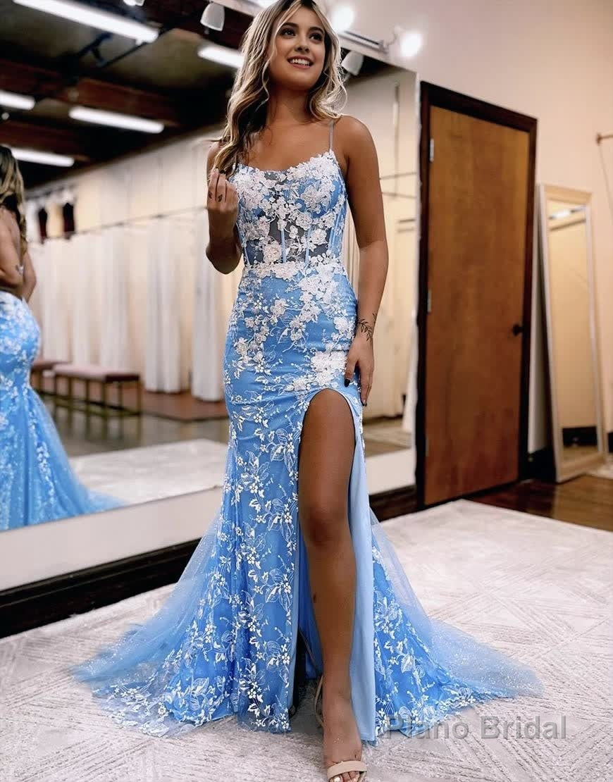 Mermaid Spaghetti Straps Lace Tulle Prom Dress with Slit Main image