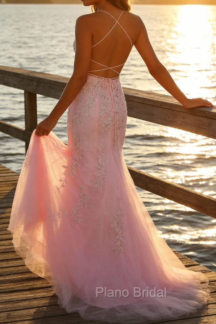 Mermaid Spaghetti Straps Light Pink Long Prom Dress with Appliques
