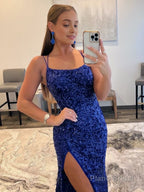 Mermaid Spaghetti Straps Long Sequins Prom Dress