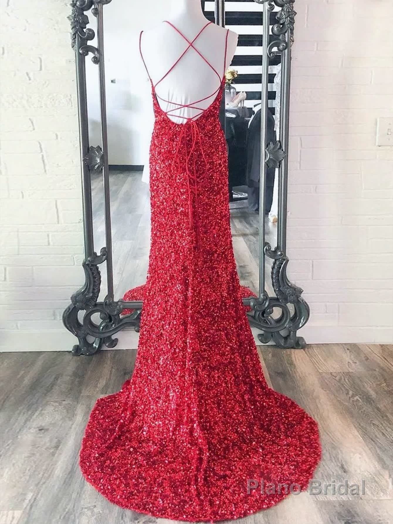 Mermaid Spaghetti Straps Long Sequins Prom Dress