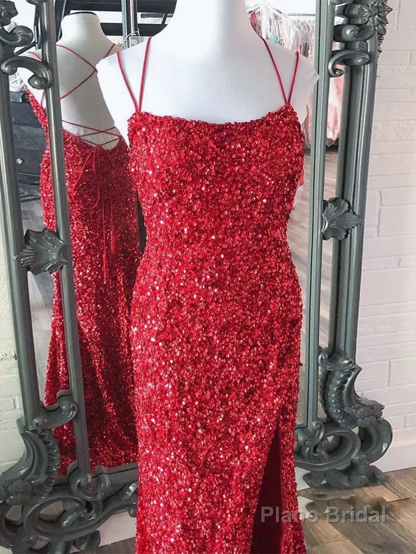 Mermaid Spaghetti Straps Long Sequins Prom Dress
