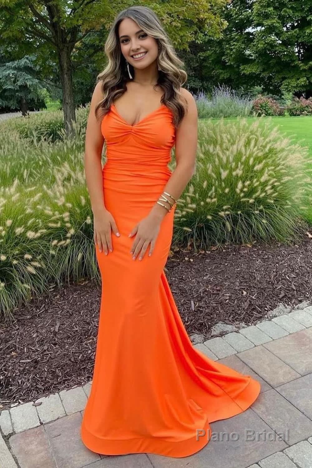 Mermaid Spaghetti Straps Orange Long Prom Dress with Criss Cross Back Main image