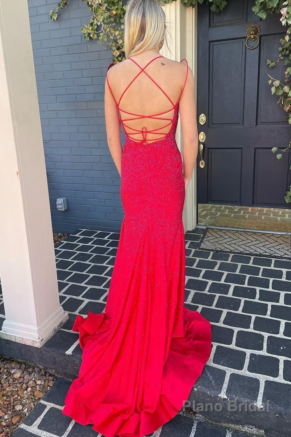 Mermaid Spaghetti Straps Red Long Prom Dress with Criss Cross Back Secondary image