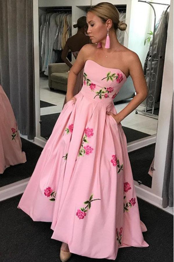 A-Line Sweetheart Strapless Pink Long Formal Prom Dresses With Embroidery Pockets