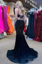 Mermaid Spaghettti Strap Beaded Satin Prom Dress with Slit