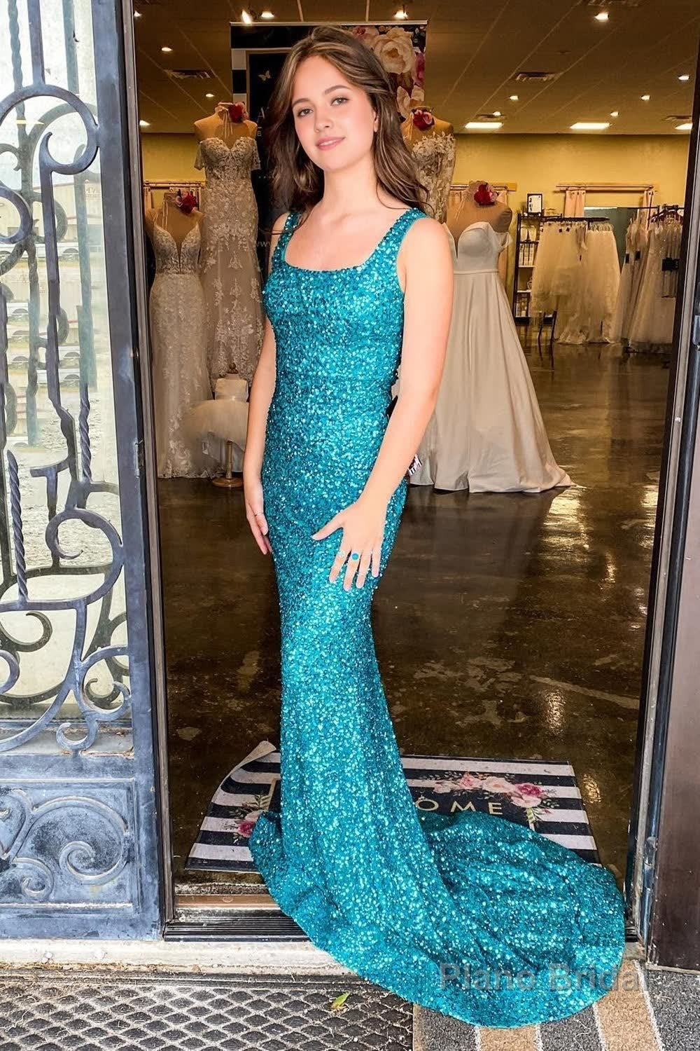 Mermaid Square Neck Sparkly Turquoise Sequins Long Prom Dress Main image