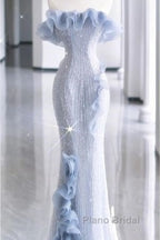 Mermaid Strapless Blue Sequin Formal Prom Dresses Evening Dresses