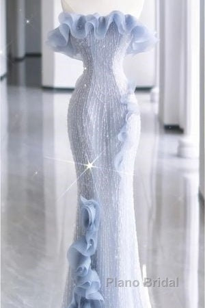 Mermaid Strapless Blue Sequin Formal Prom Dresses Evening Dresses