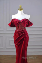 Mermaid Strapless Burgundy Velvet Formal Prom Dresses Evening Dresses