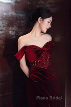 Mermaid Strapless Burgundy Velvet Formal Prom Dresses Evening Dresses