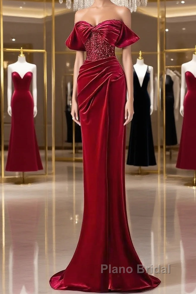 Mermaid Strapless Burgundy Velvet Formal Prom Dresses Evening Dresses Main image
