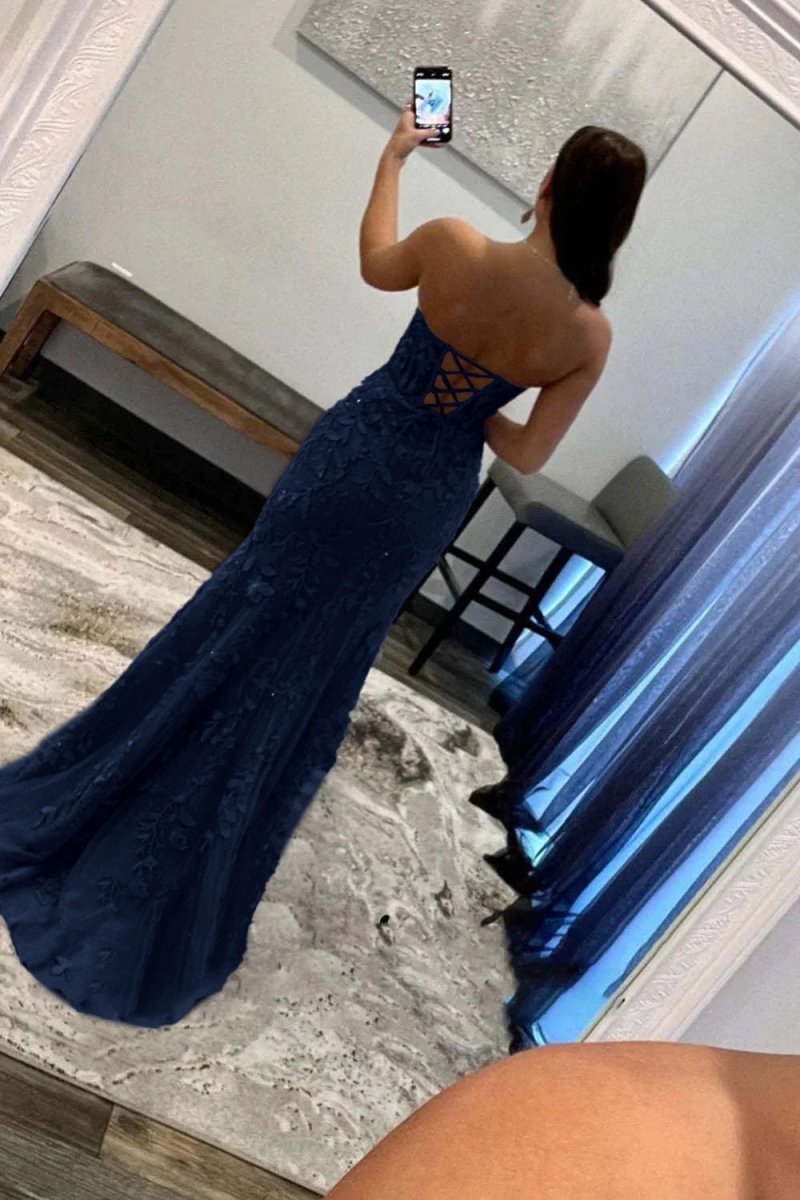 Mermaid Strapless Corset Lace Prom Dress with Slit