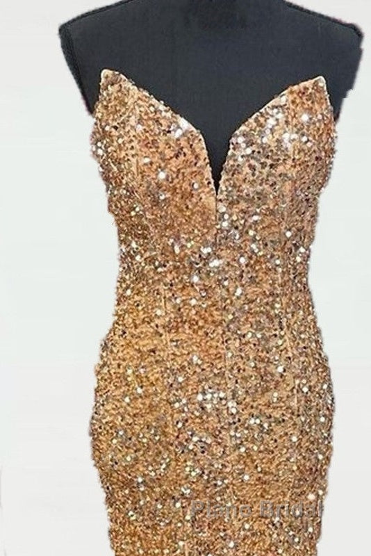 Mermaid Strapless Gold Sequin Formal Prom Dresses