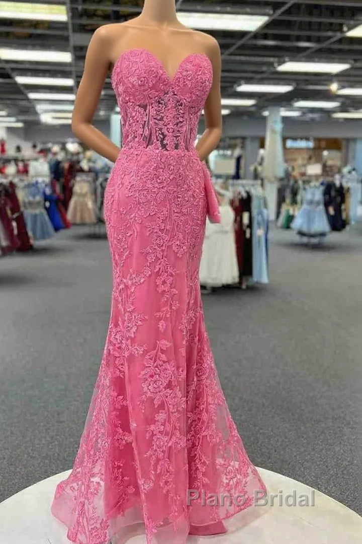 Mermaid Strapless Hot Pink Corset Appliques Long Formal Dresses Main image
