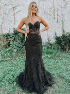Mermaid Strapless Lace Prom Dress With Appliques
