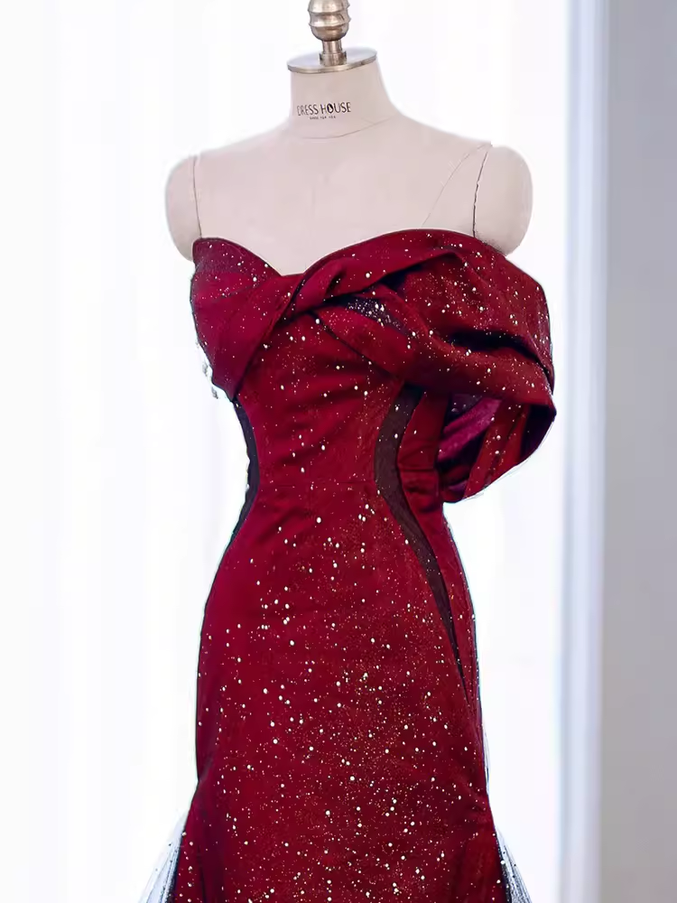 Mermaid Strapless Long Burgundy Formal Prom Dresses