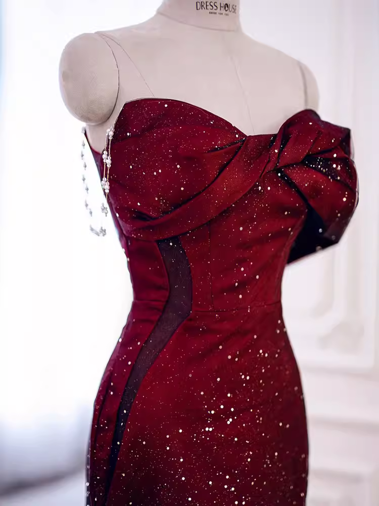 Mermaid Strapless Long Burgundy Formal Prom Dresses
