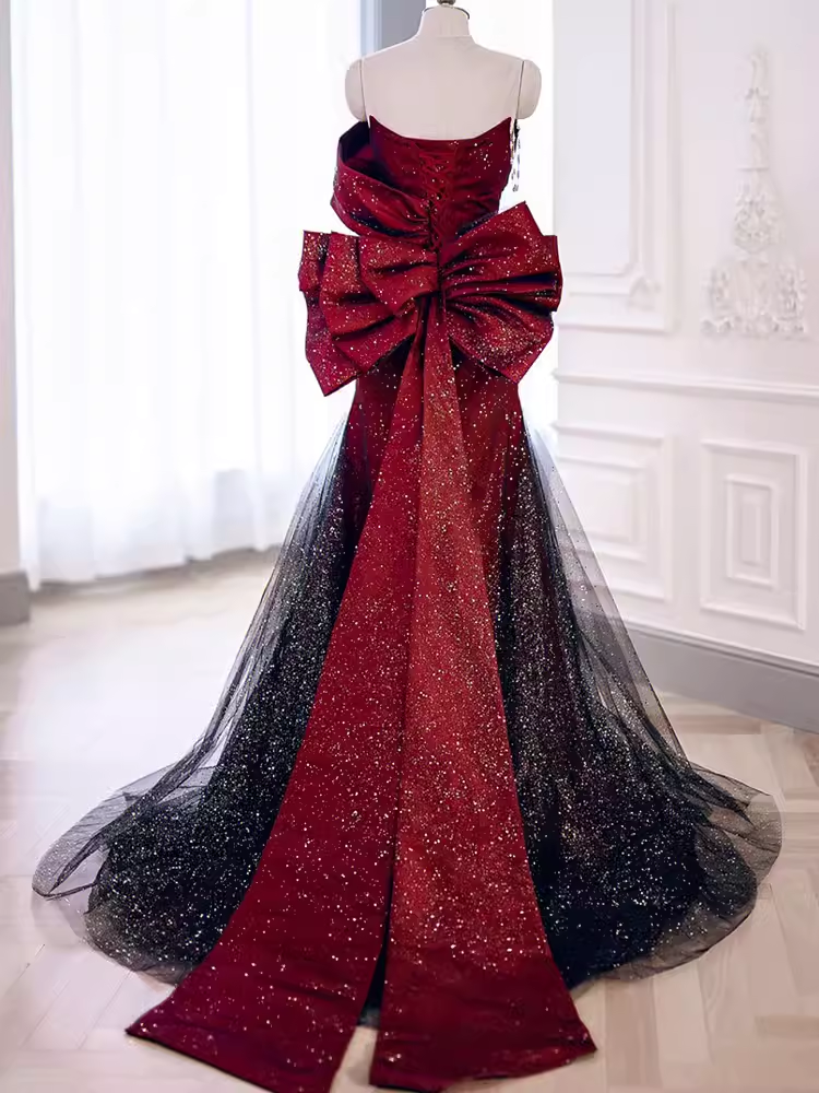 Mermaid Strapless Long Burgundy Formal Prom Dresses