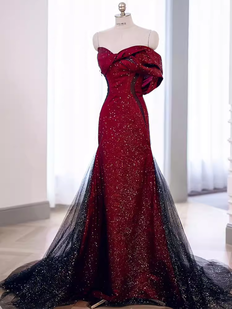 Mermaid Strapless Long Burgundy Formal Prom Dresses Main image