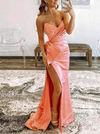 Mermaid Strapless Long Satin Prom Dress with bow tie