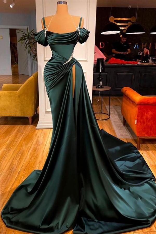 Mermaid Strapless Burgundy Long Slit Formal Prom Dresses Formal Evening Dresses