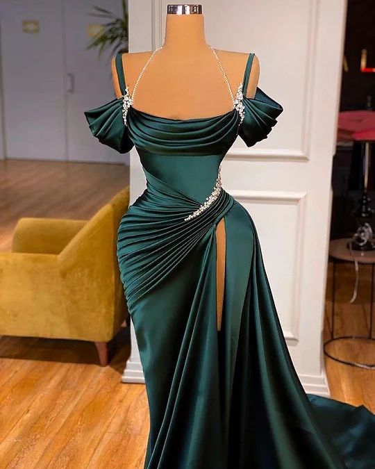 Mermaid Strapless Burgundy Long Slit Formal Prom Dresses Formal Evening Dresses