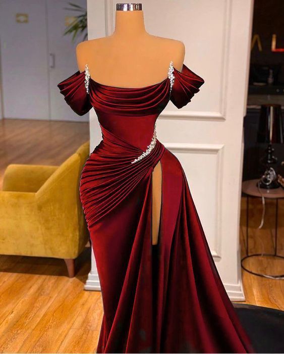 Mermaid Strapless Burgundy Long Slit Formal Prom Dresses Formal Evening Dresses
