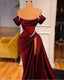 Mermaid Strapless Burgundy Long Slit Formal Prom Dresses Formal Evening Dresses