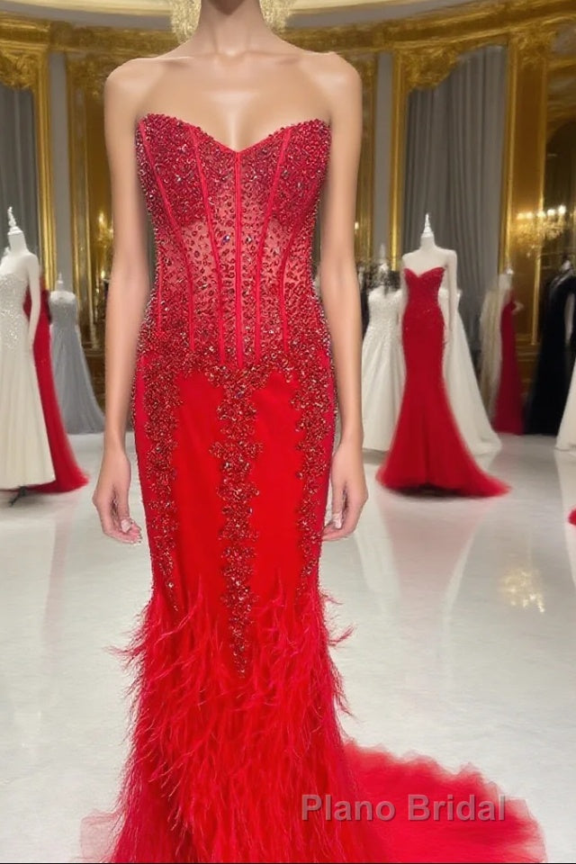 Mermaid Strapless Sequin-Embroidered Long Formal Prom Dresses with Feathers Main image