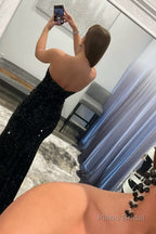 Mermaid Strapless Sequins Long Prom Dress with Slit