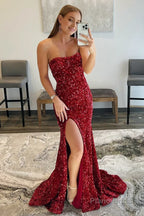 Mermaid Strapless Sequins Long Prom Dress with Slit