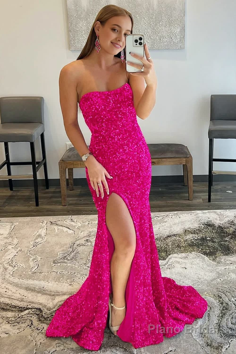 Mermaid Strapless Sequins Long Prom Dress with Slit